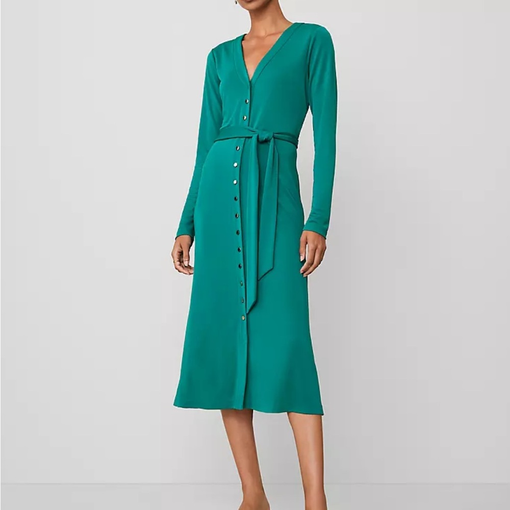 Ann Taylor Teal Green Long-Sleeve Wrap Button Midi Dress